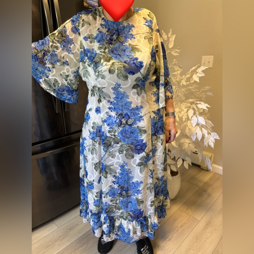 Blue Floral Sheer Maxi Dress. Fully lined. Tailored. Size 1X - Picture 5 of 8